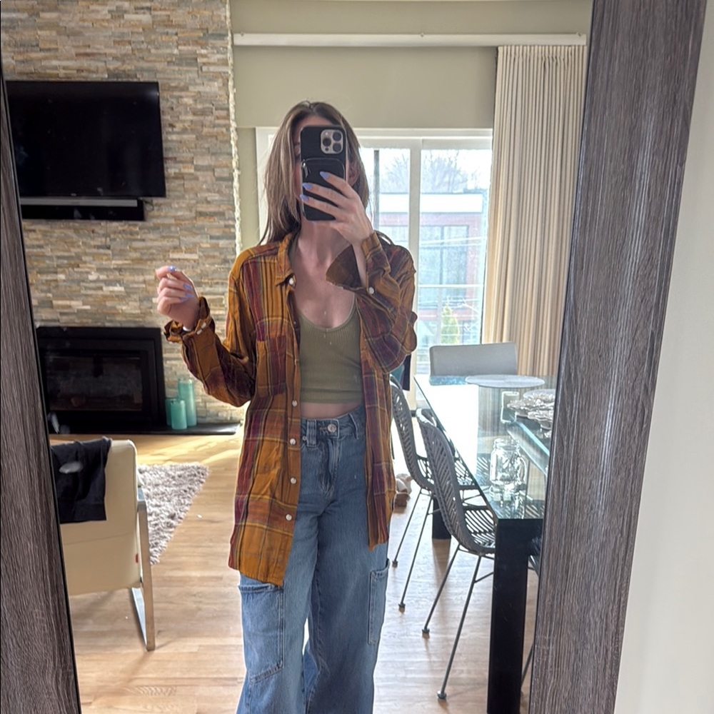 Plaid Button-Up Shirt and Olive Tank Top